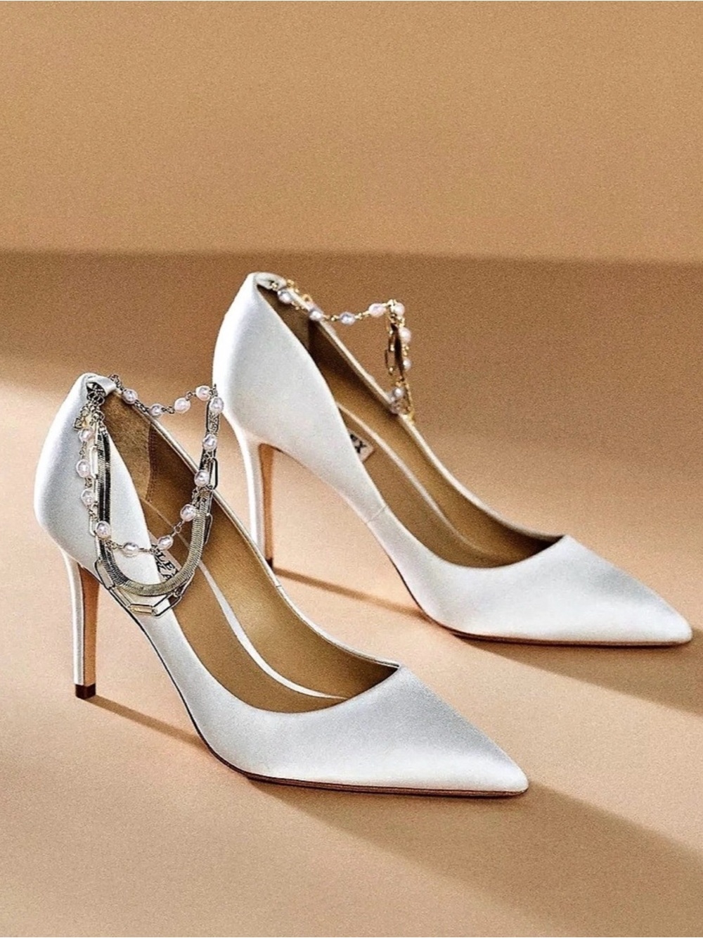 Bagdley Mischka Verna Satin w Pearl & Gold Ankle Strap